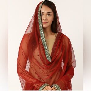 New Red Net Dupatta with Golden Zari Border and Embroidered Festive Wedding Wear